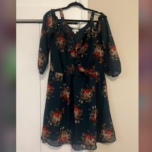 Dark Teal Floral Cold Shoulder Dress XL